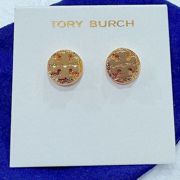 TORY BURCH LOGO STUD 18K GOLD PLATED EARRINGS - Picture 2 of 4